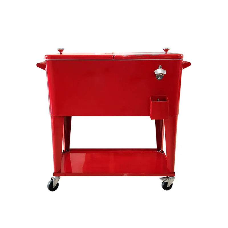 Red metal insulated trolley cooler with wheels and 750ml capacity for outdoor drinks.
