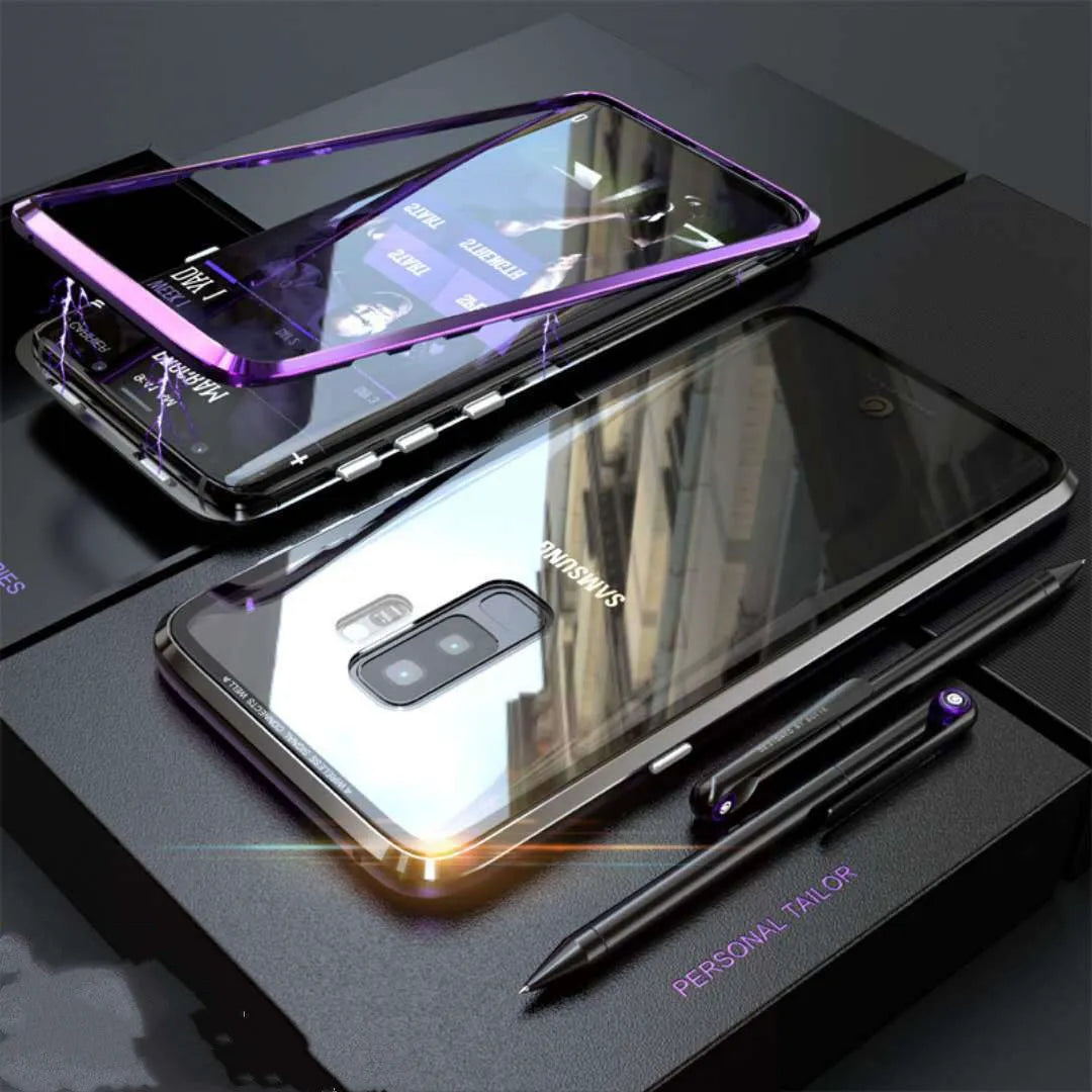 Magnetic privacy phone case for Samsung Galaxy with double-sided glass construction in black colour