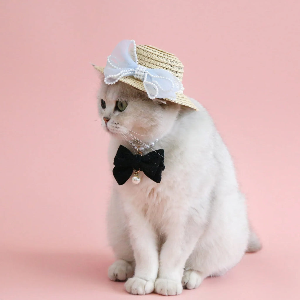 Woven straw pet cat hat with pearl bow in pink blue purple or white
