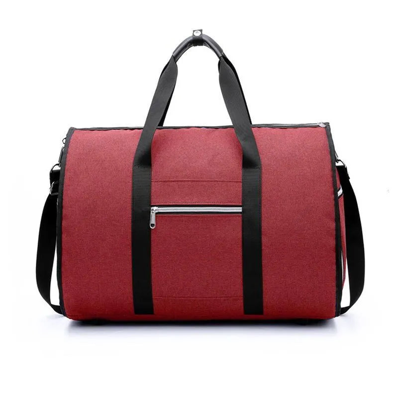 Cylinder-shaped travel bag in red, light grey, blue, or black with a zipper opening and Oxford cloth material.