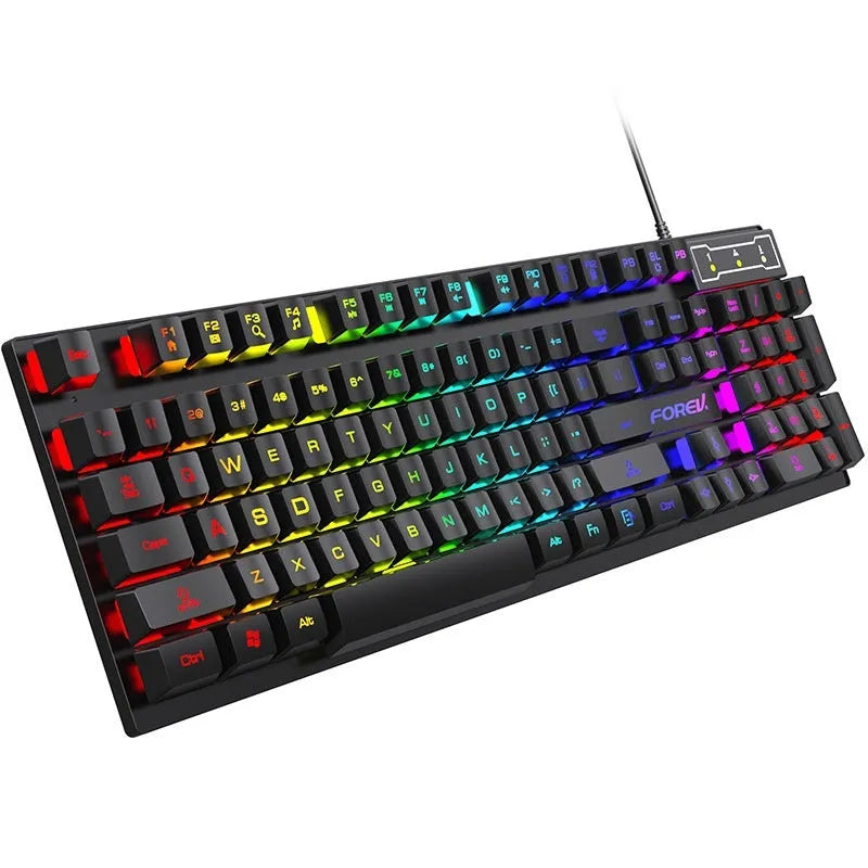 Black 104-key gaming keyboard with backlit keys on a desktop setup