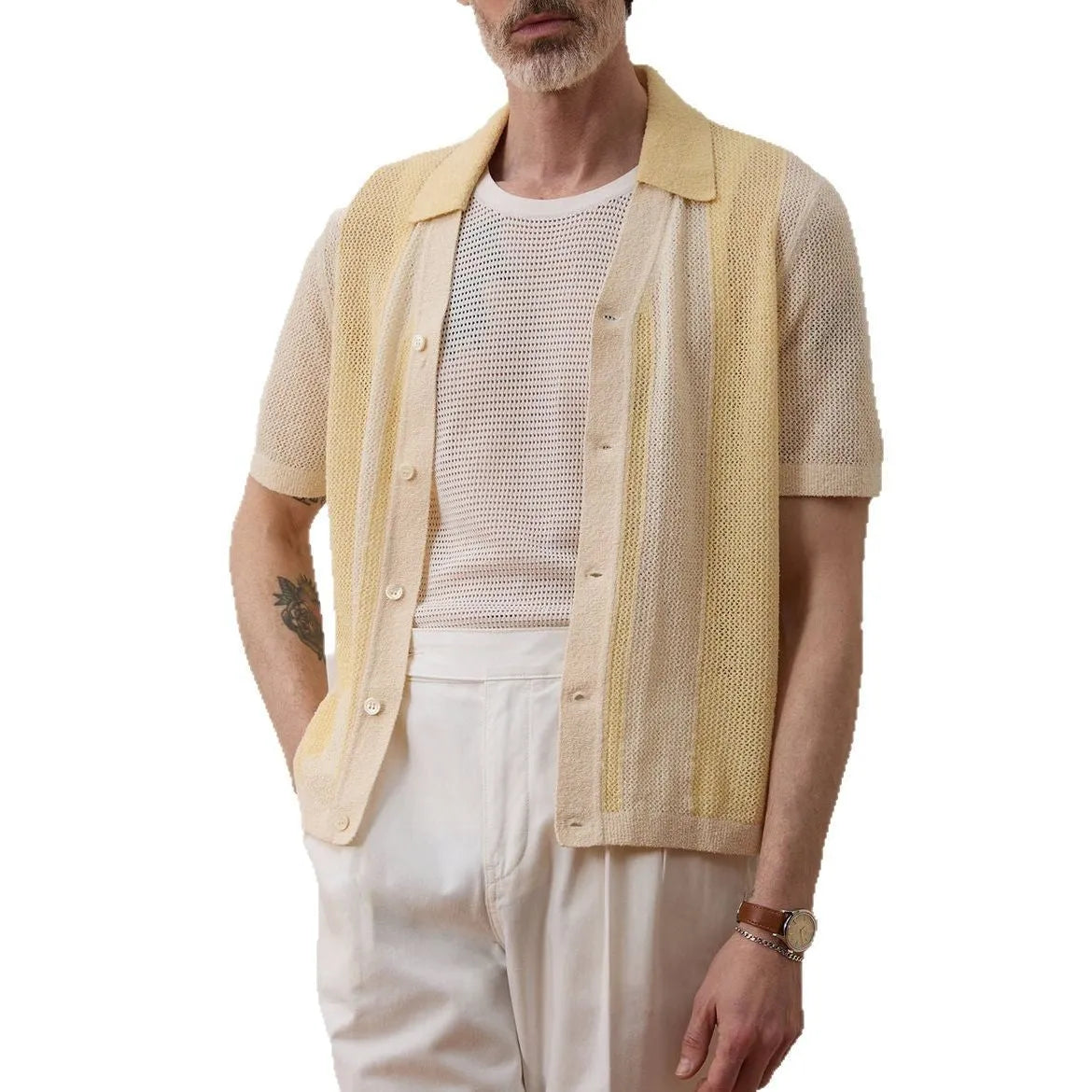 Yellow casual polo shirt with hollow-out design and asymmetric style in Tencel fabric
