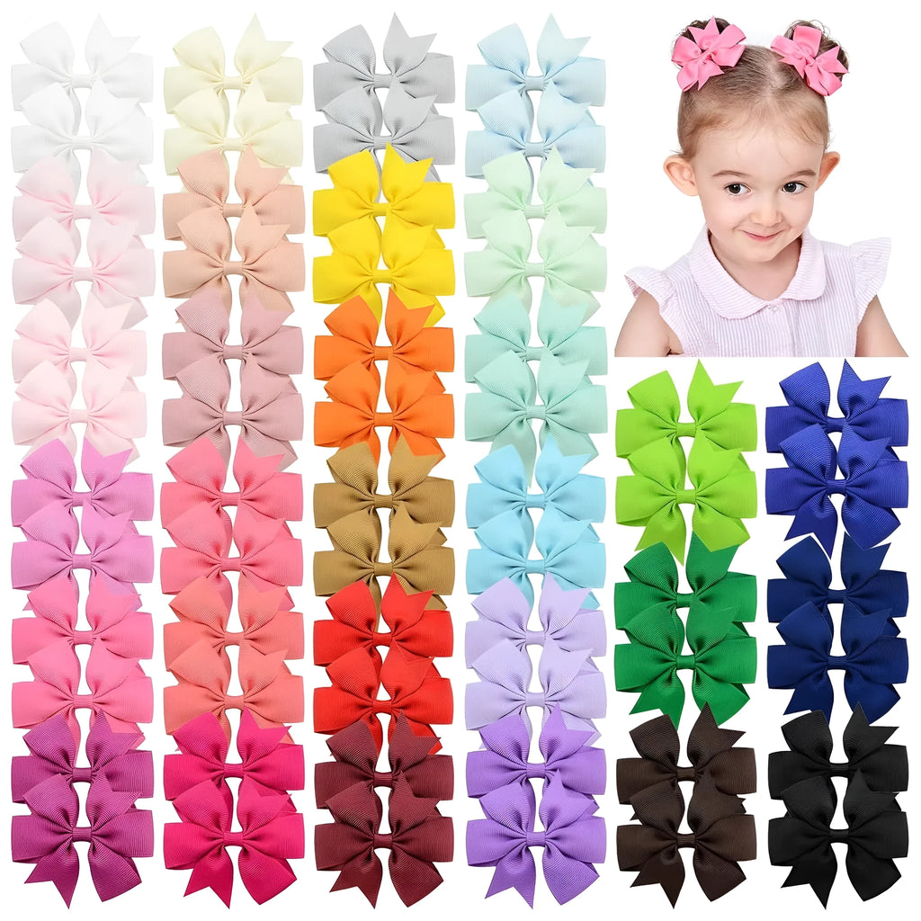 Set of 20 colourful 3-inch grosgrain ribbon pinwheel hair bows with alligator clips for toddlers.