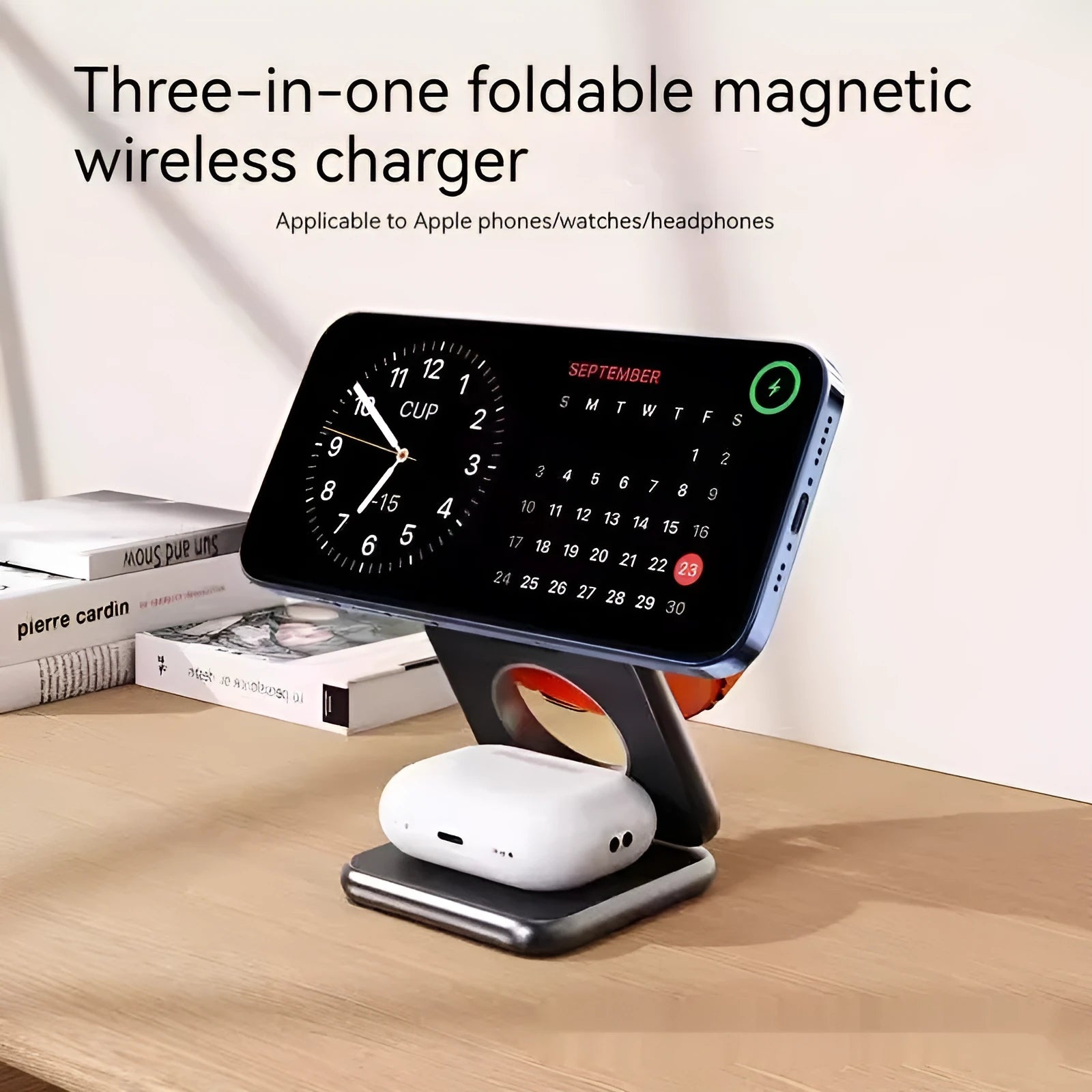 Foldable magnetic wireless phone charger in black or white with QC3.0 fast charging