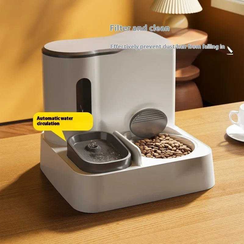 Grey automatic cat feeder and water dispenser station with integrated double bowls