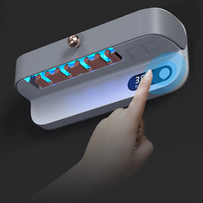 White wall-mounted smart toothbrush steriliser with UV disinfection and USB charging port