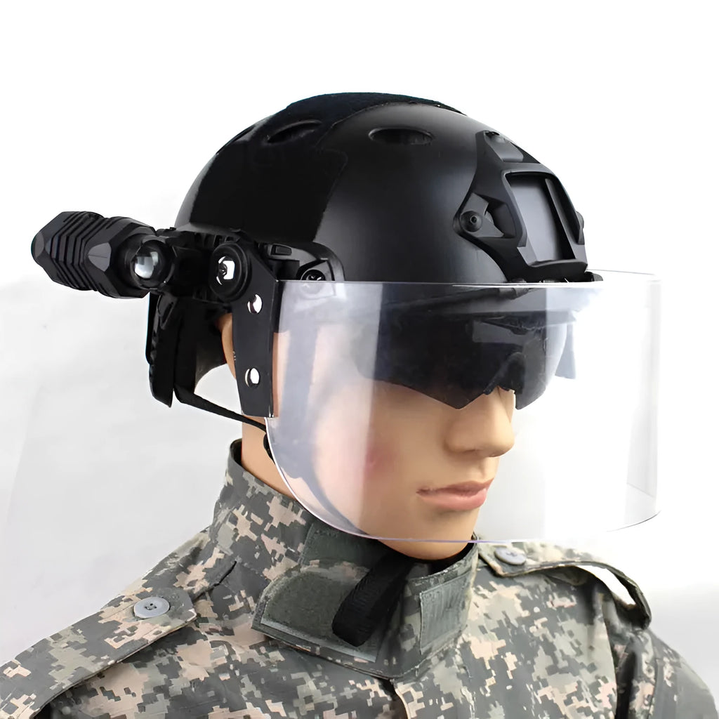 Transparent polycarbonate helmet-mounted face shield with guide rail attachment