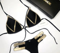 Women's nylon bikini swimsuit with cotton lining, shown in leopard print and solid colour options.