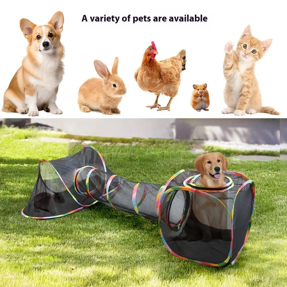 A foldable mesh cat play cage in a hexagonal style, shown both set up and collapsed flat.
