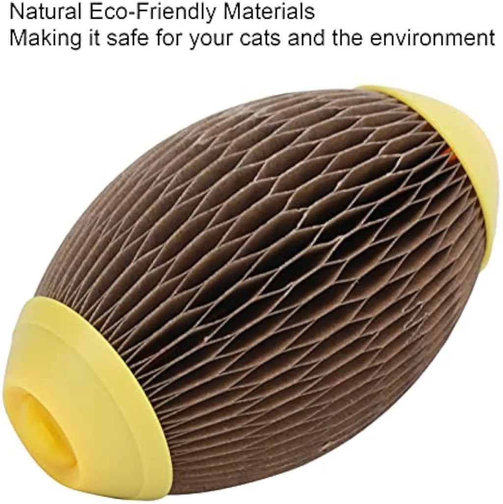Elliptical corrugated paper catnip football toy measuring 65mm by 108mm
