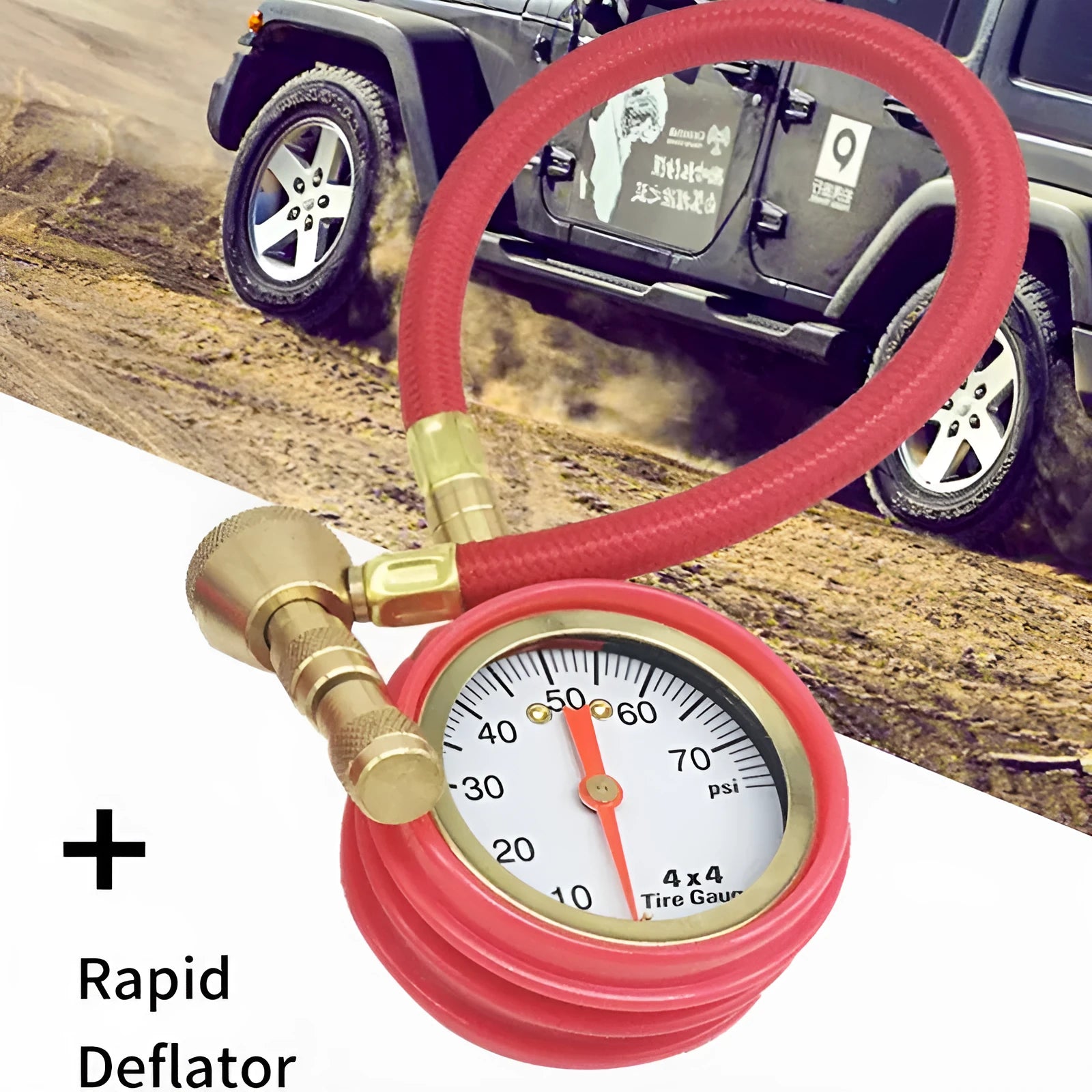 Red and black mechanical tyre pressure gauge with dial showing 0-5 BAR scale for automotive use.
