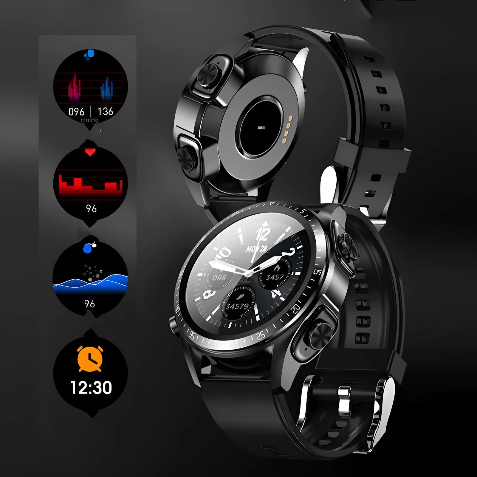 Black smart watch with blood pressure monitoring on silicone wrist strap showing 1.28-inch screen