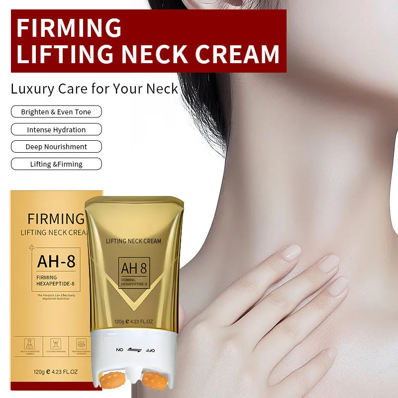 Roller neck cream in packaging with dimensions 8.8cm wide by 16.5cm high