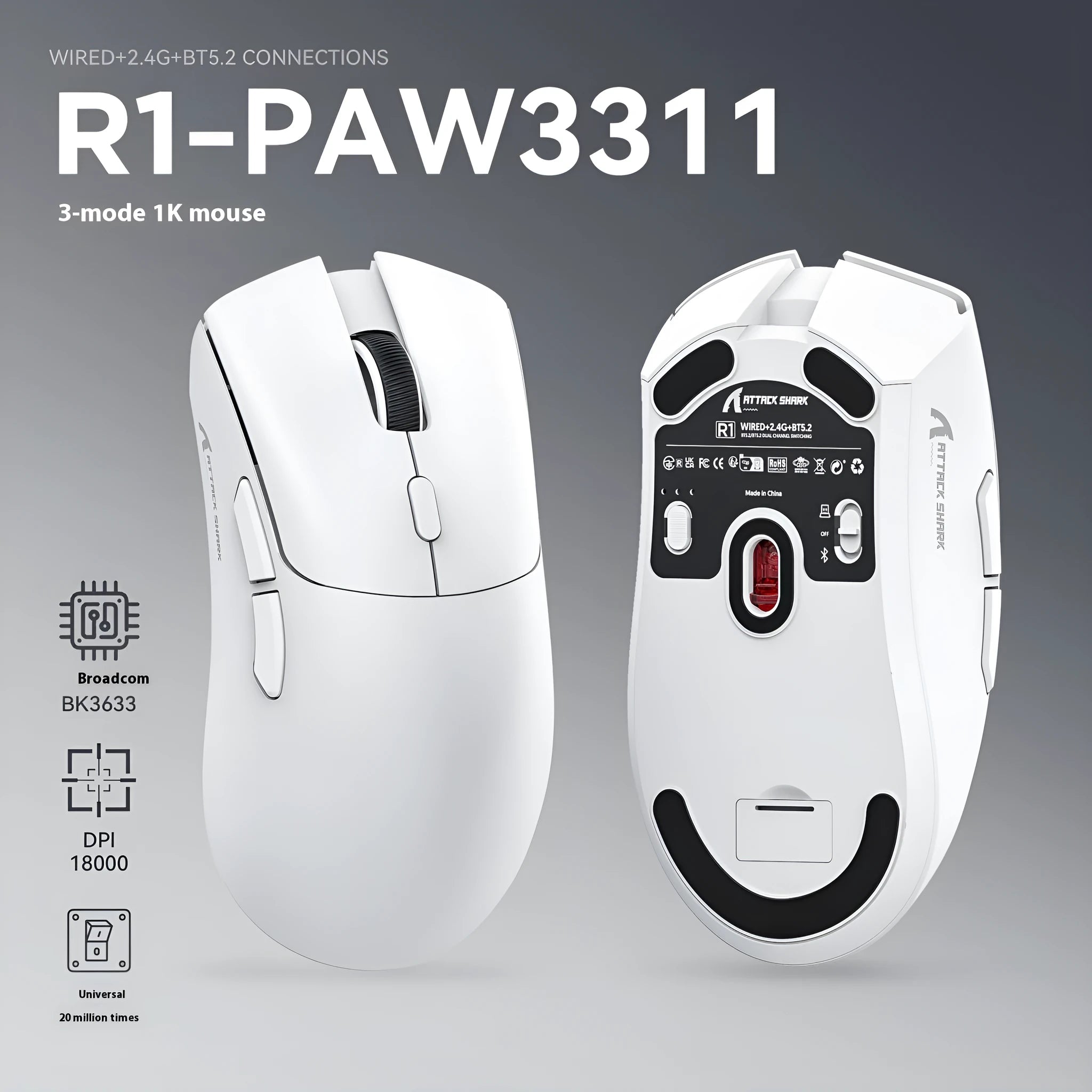 Attack Shark wireless Bluetooth triple-mode mouse in black, white and red colour options
