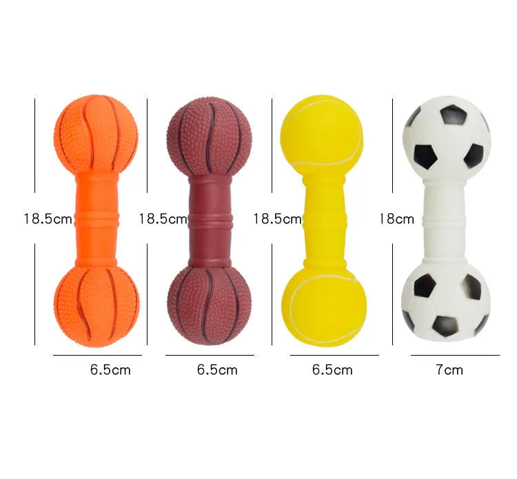 Colourful PVC squeaky dog toy shaped like a football dumbbell on a white background.
