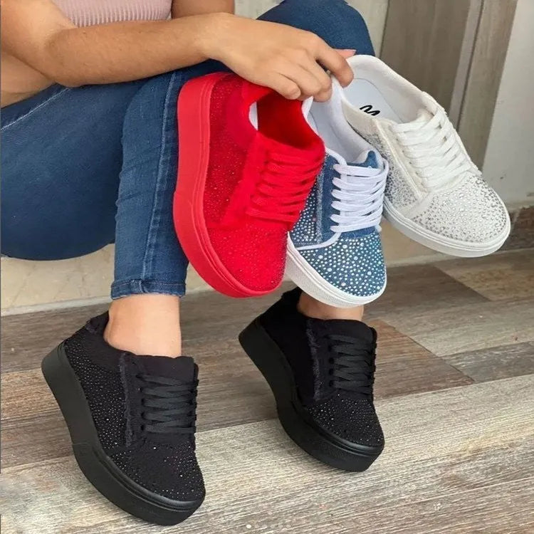 Plus size women's casual sports shoes with rhinestone detail, thick rubber sole, and lace-up closure in solid colour