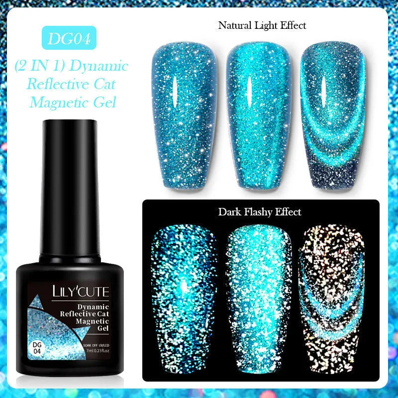 Cat eye series nail polish gel bottle showing diamond glitter fragments in one of six available colour options