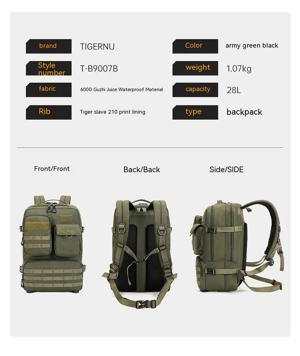 Army Green tactical backpack with 17-inch size and 20-35L capacity for outdoor use