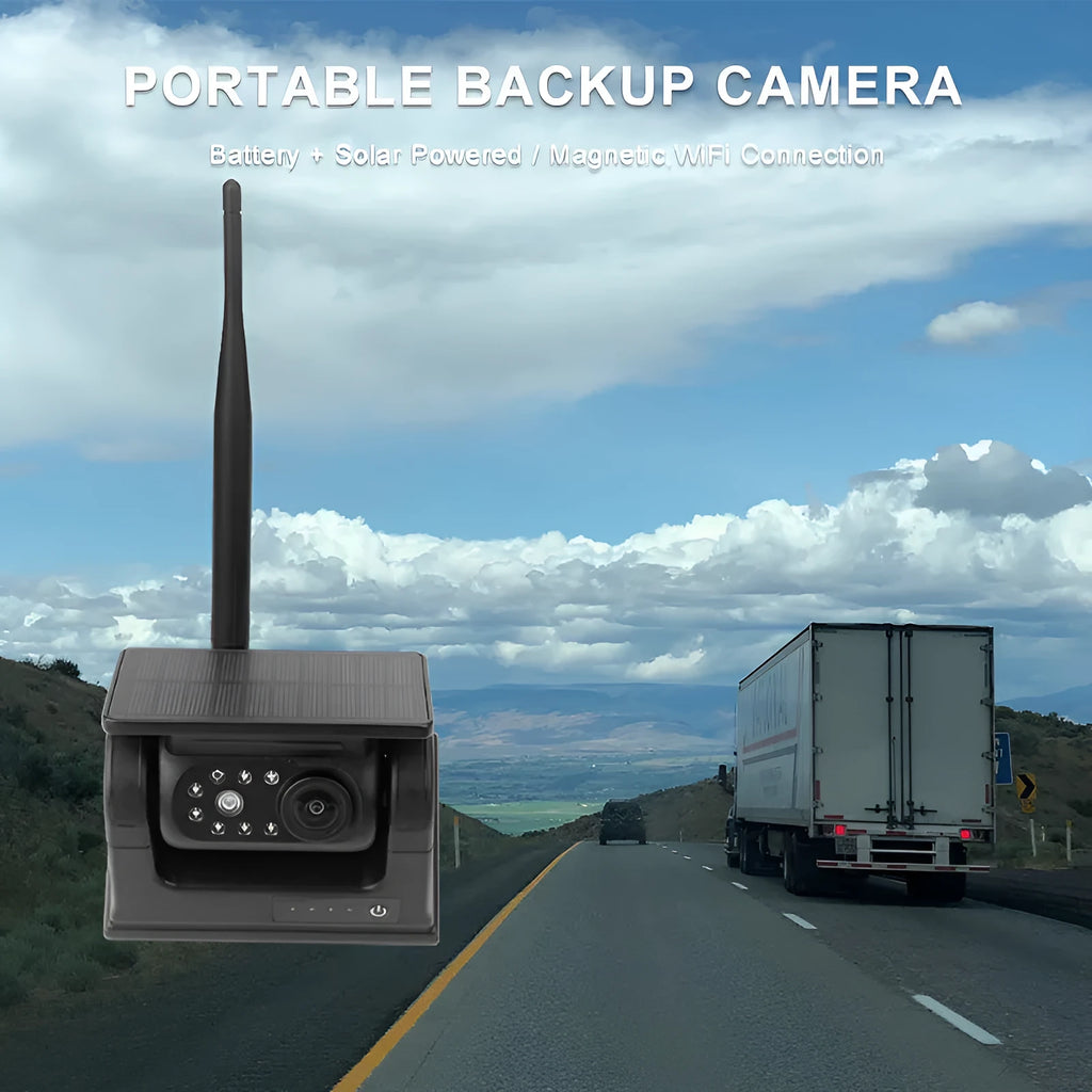 YL-Solar WF908 black wireless reversing camera with magnet base and solar panel on top