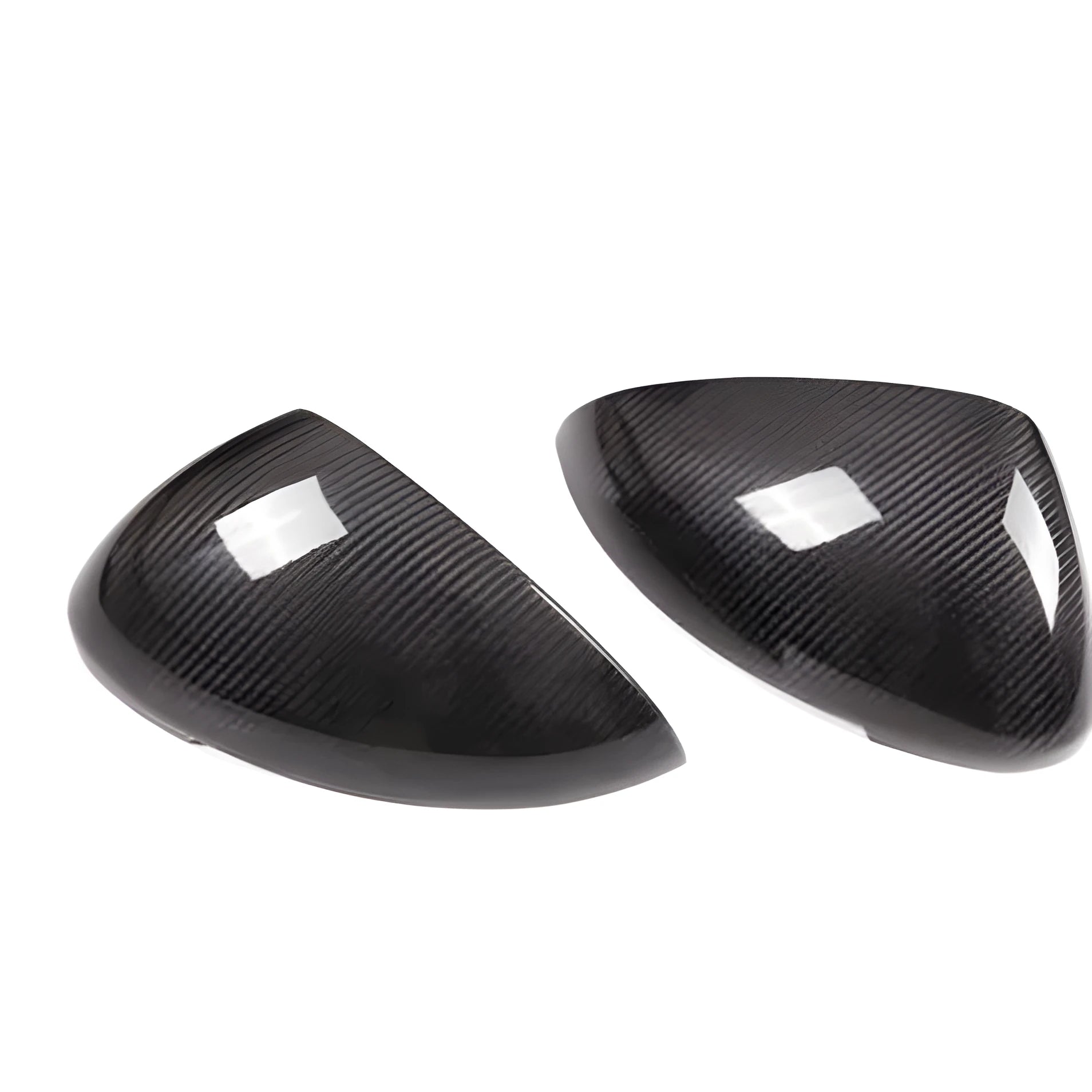 Black carbon fibre rearview mirror covers for Porsche Macan with woven texture detail