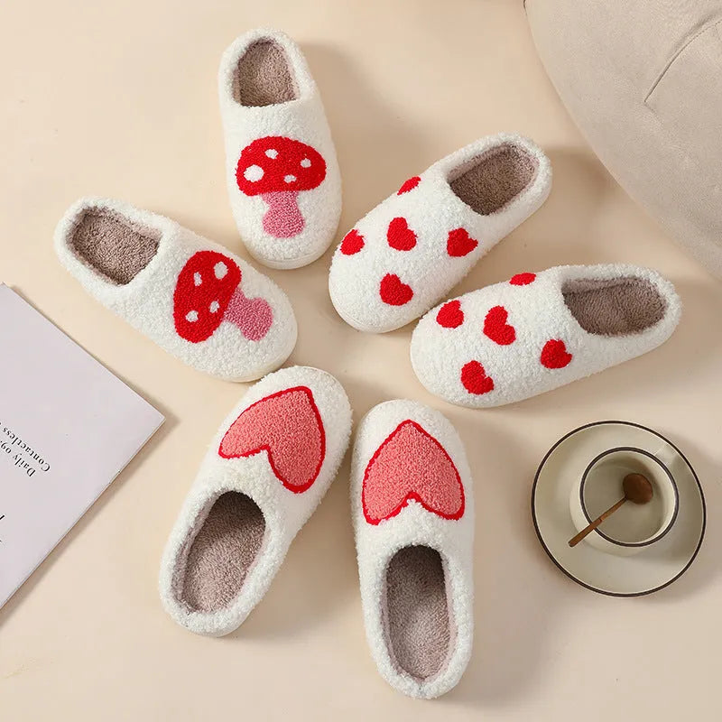 Women's plush cartoon love style home slippers with PVC non-slip soles in five colour options