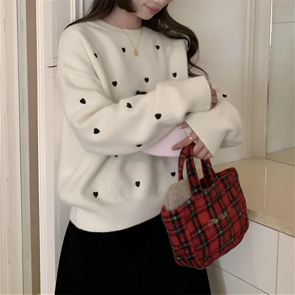 Women's loose acrylic crew neck pullover sweater with love embroidery in milky white, grey, or pink