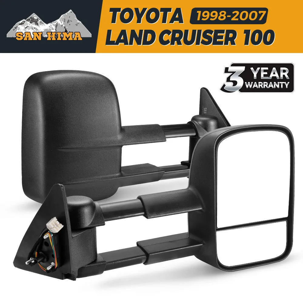 Pair of black plastic foldable rearview mirrors for Toyota Land Cruiser 100 1998-2007 models
