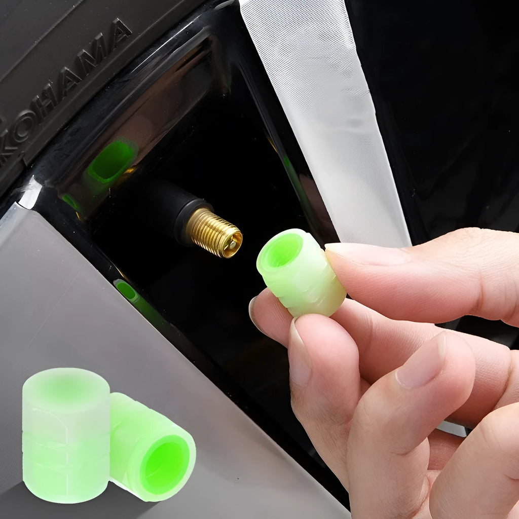 Luminous rubber car tyre valve caps showing size and glow feature