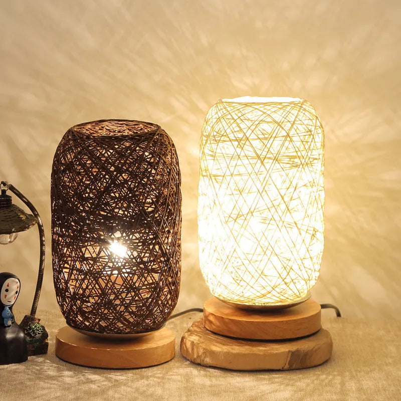 Brown hemp twine Sepak Takraw desk lamp with wooden base and USB cable