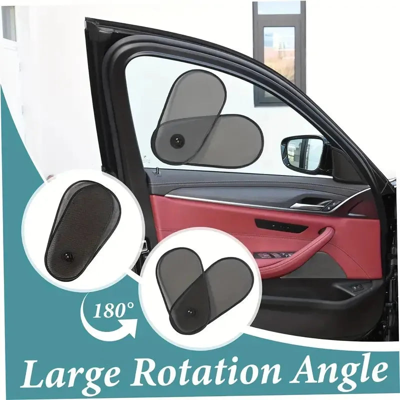 Black stretchy car side window sun shade with suction cups, installed on a car window.