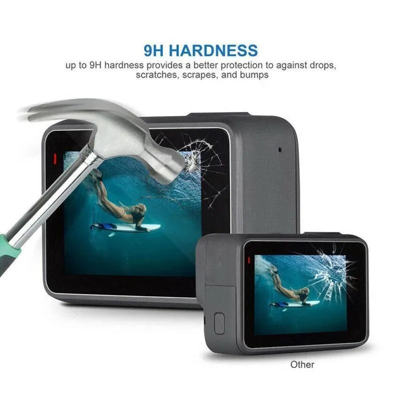 GoPro Hero camera with transparent 9H tempered glass screen protector and lens protector film kit.
