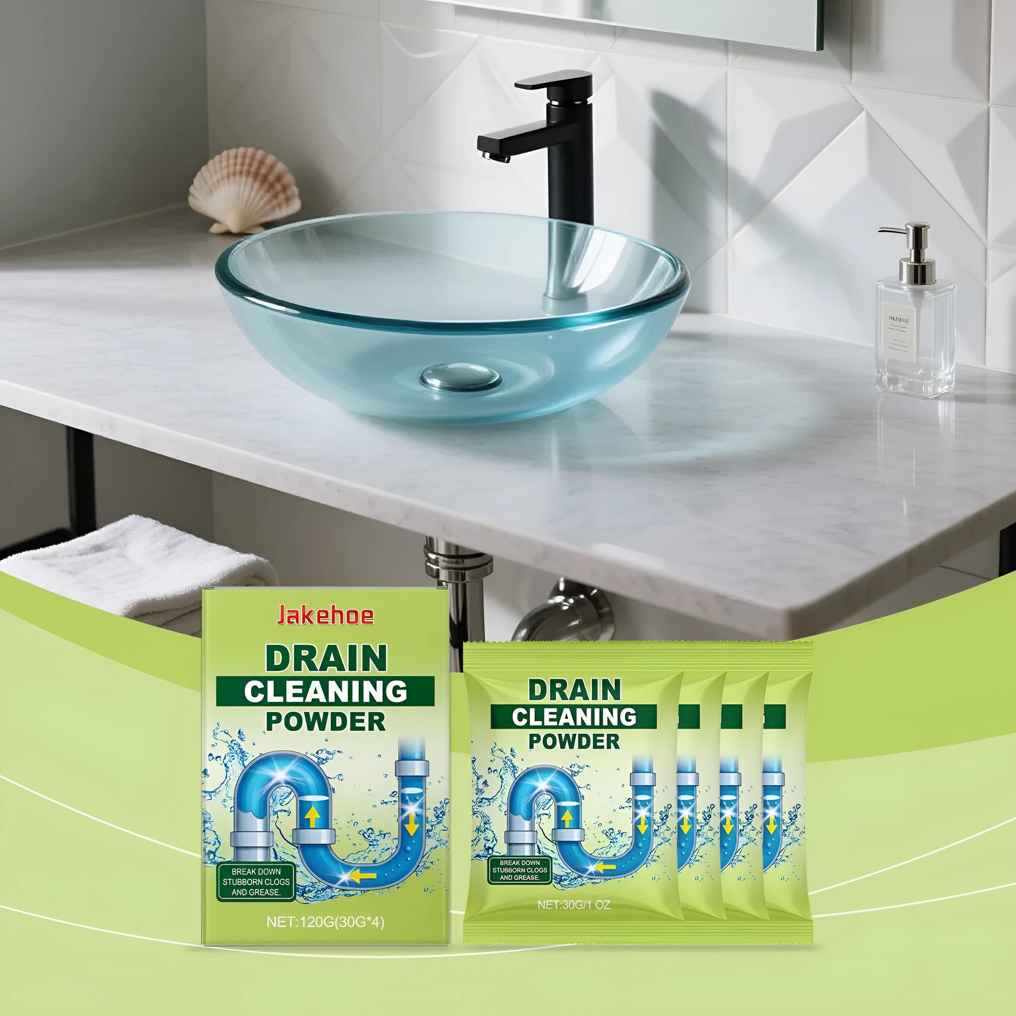 120g tub of drain unblocker cleaning powder with sodium hydroxide and aluminium for sinks and pipes.