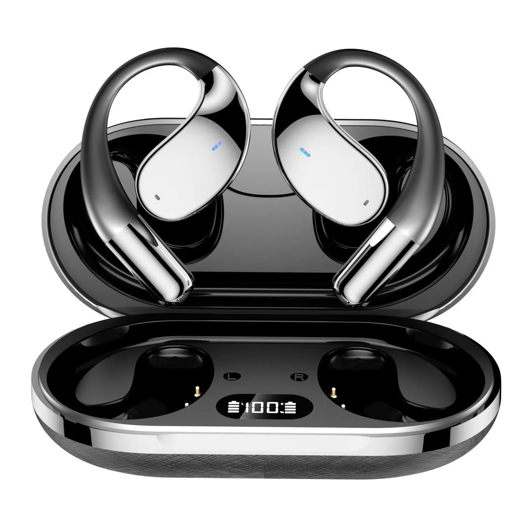 Sports Bluetooth earphones with hanging ear design and digital display screen in black colour