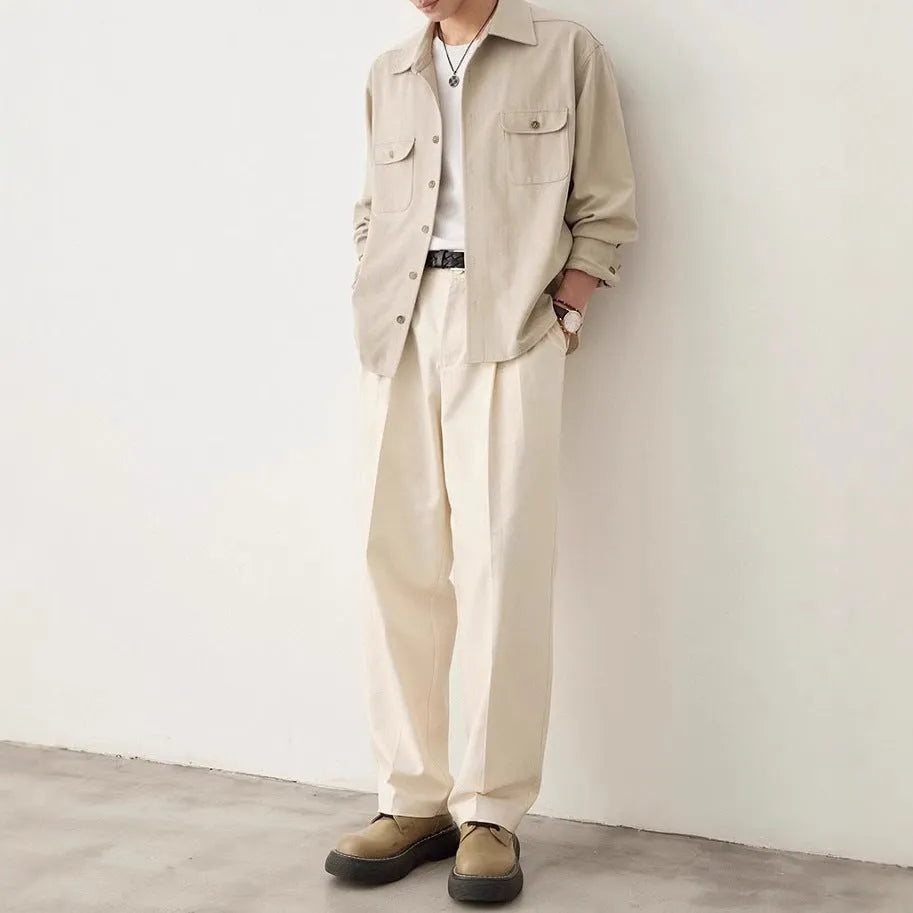 Men's long sleeve formal shirt with a cotton lapel, shown in light sand rice colour.