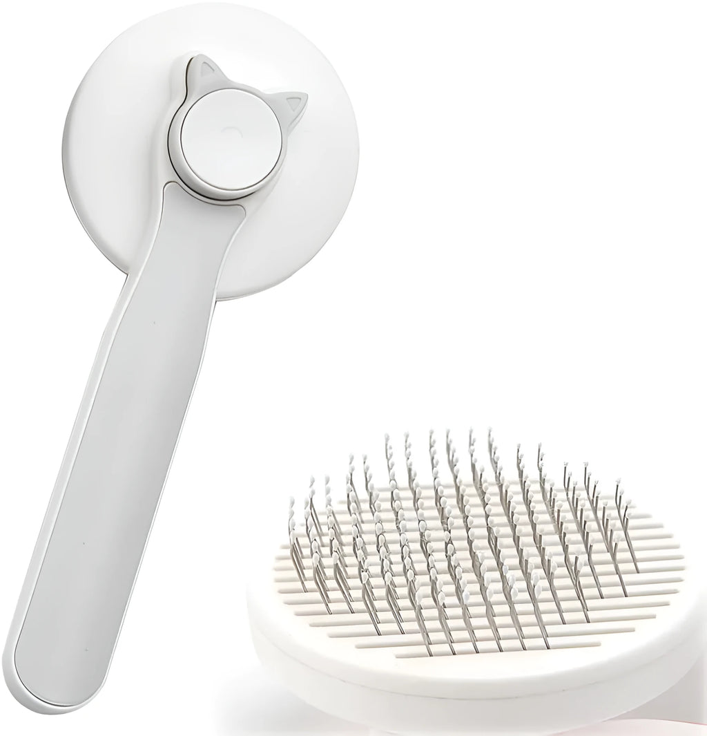 Blue self-cleaning pet brush with rubber handle and metal pins for removing loose cat and dog hair.