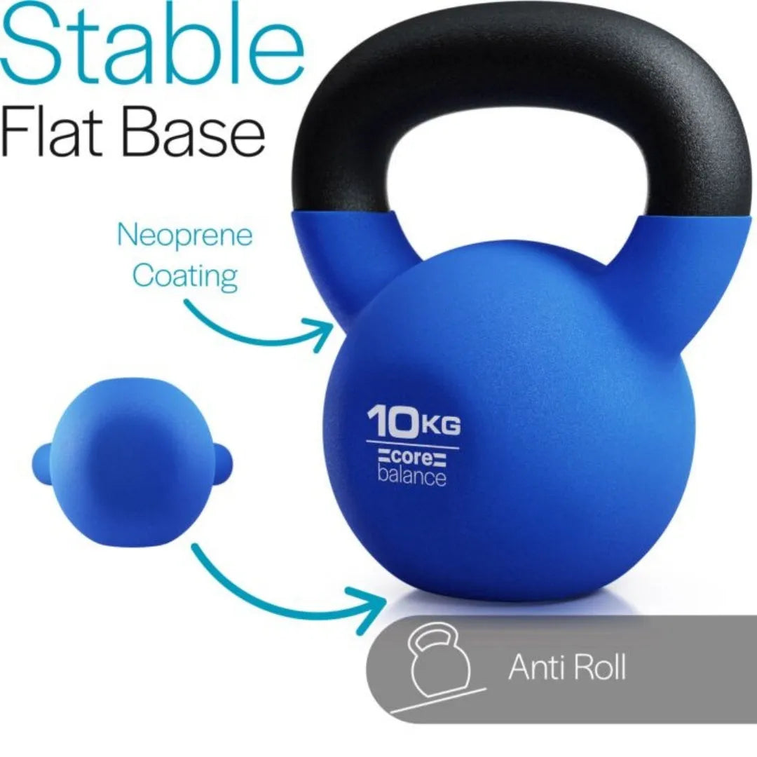 Blue cast iron teapot-shaped kettlebell with a handle, showing its 10kg weight for home gym use.