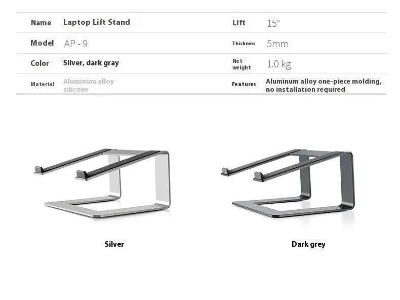 Aluminium laptop stand in black colour showing dimensions 29.9 × 25.8 × 18.5 cm