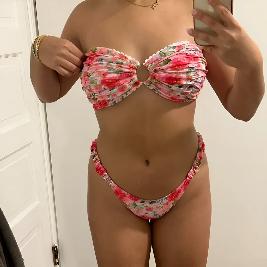 Women's floral print bikini set with lace tube top in blue, pink, yellow, or colourful options.