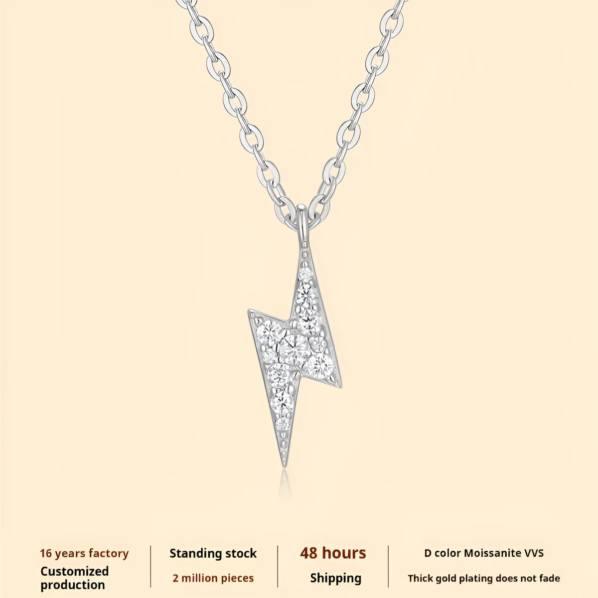 S925 silver cross chain necklace with moissanite lightning pendant, adjustable 21cm to 50cm length
