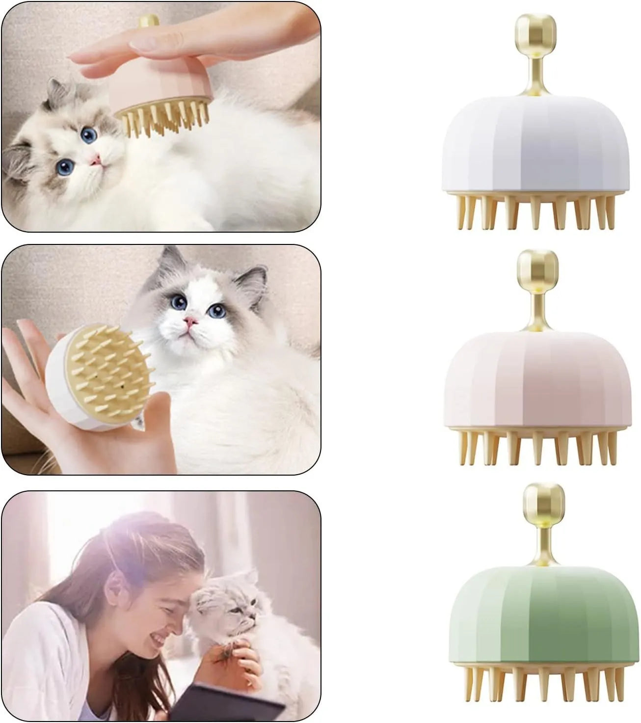 Green pet bath massage brush with rubber head and drain holes for dog and cat washing