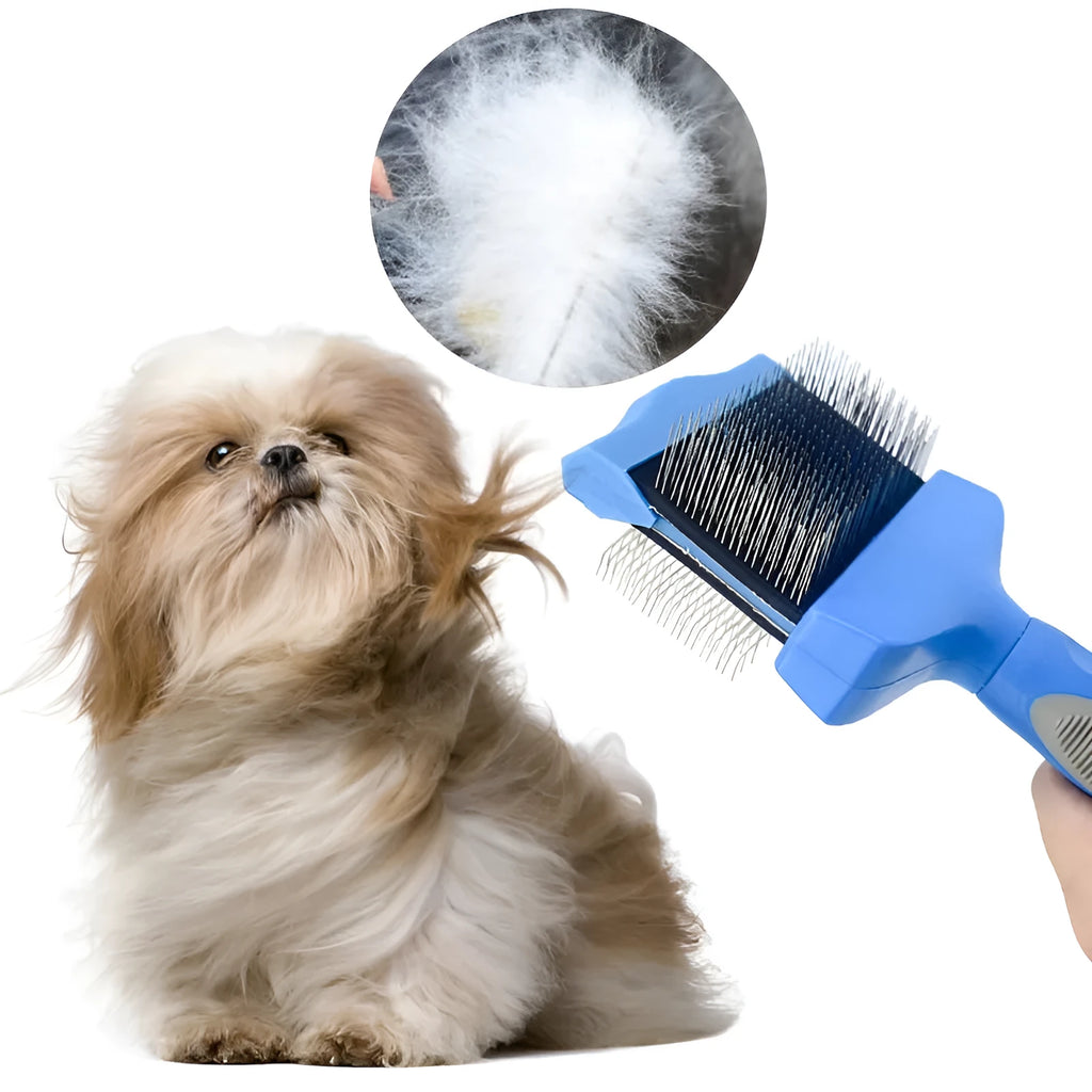 Double-sided pet grooming brush with stainless steel pins in blue or pink, showing ergonomic handle and pin details