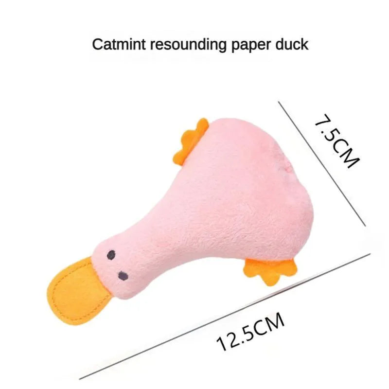 Plush duck pet toy with catnip filling and squeak sound in yellow colour
