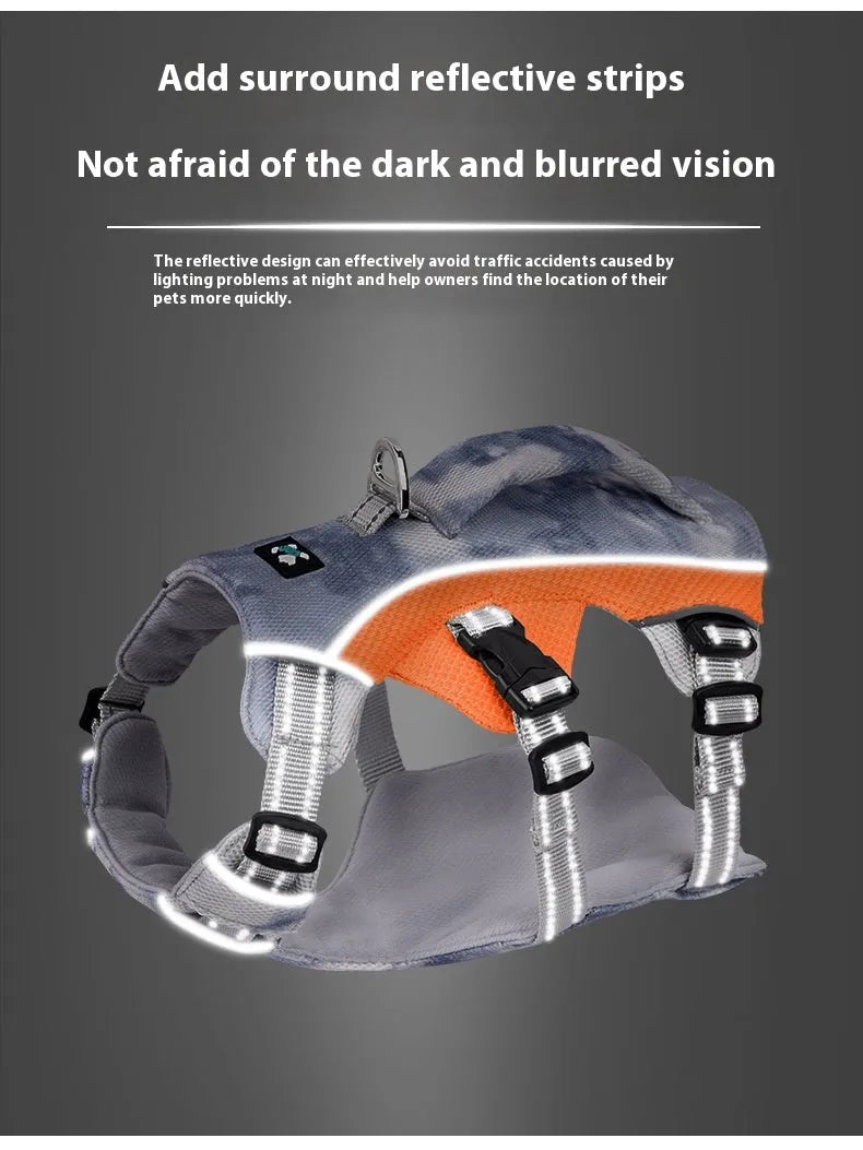 Reflective polyester dog chest strap in light blue, shown with adjustable sizing.