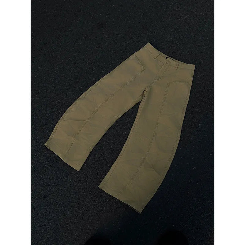 Men's khaki cotton straight leg trousers with American retro styling