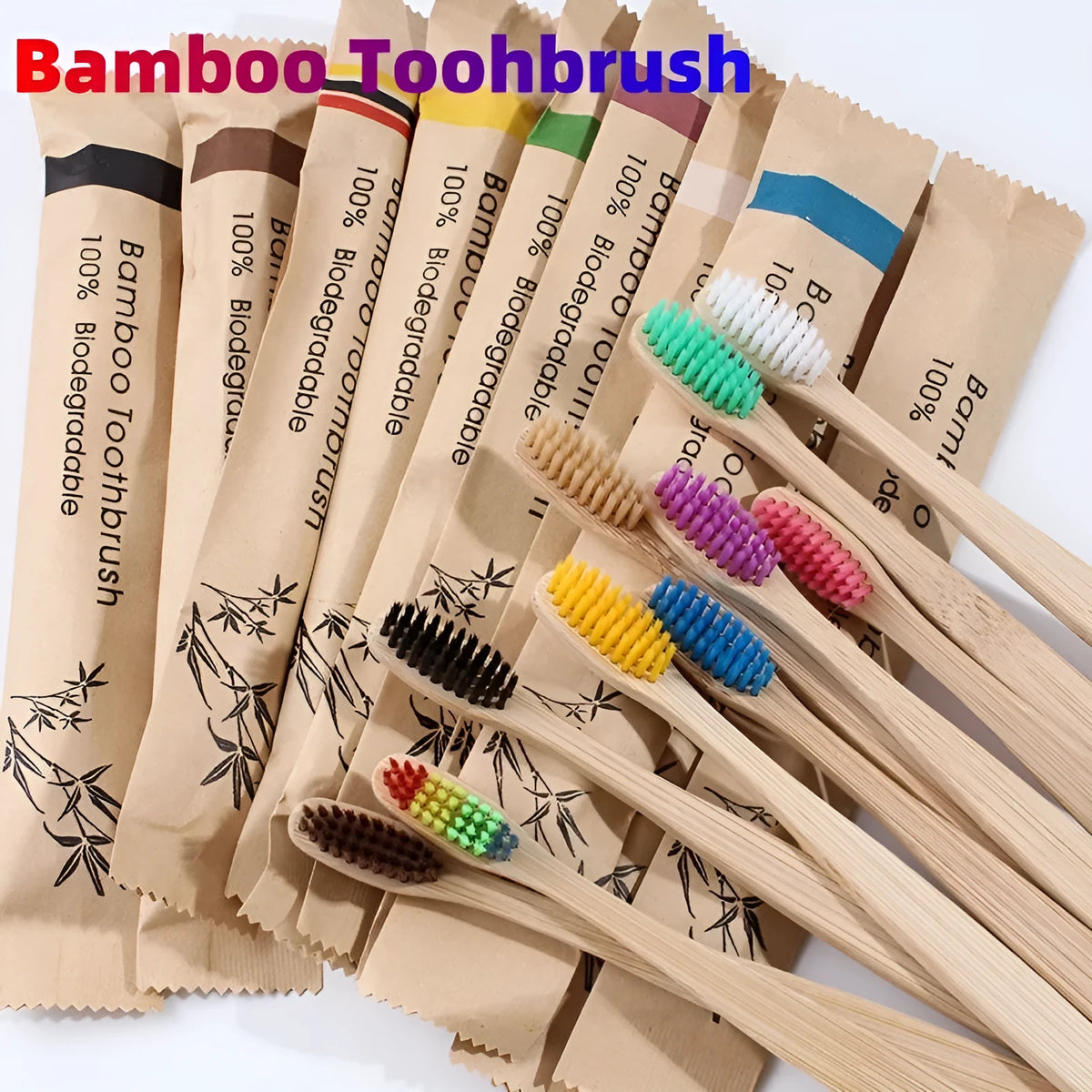 Ten bamboo toothbrushes with charcoal bristles in assorted colours on a white background.