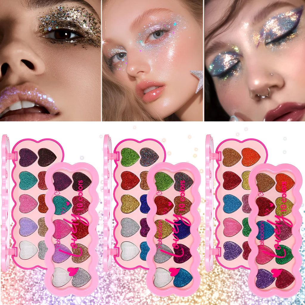 Pearlescent Heart ten-color sequin eyeshadow palette showing shades for punk and festival makeup