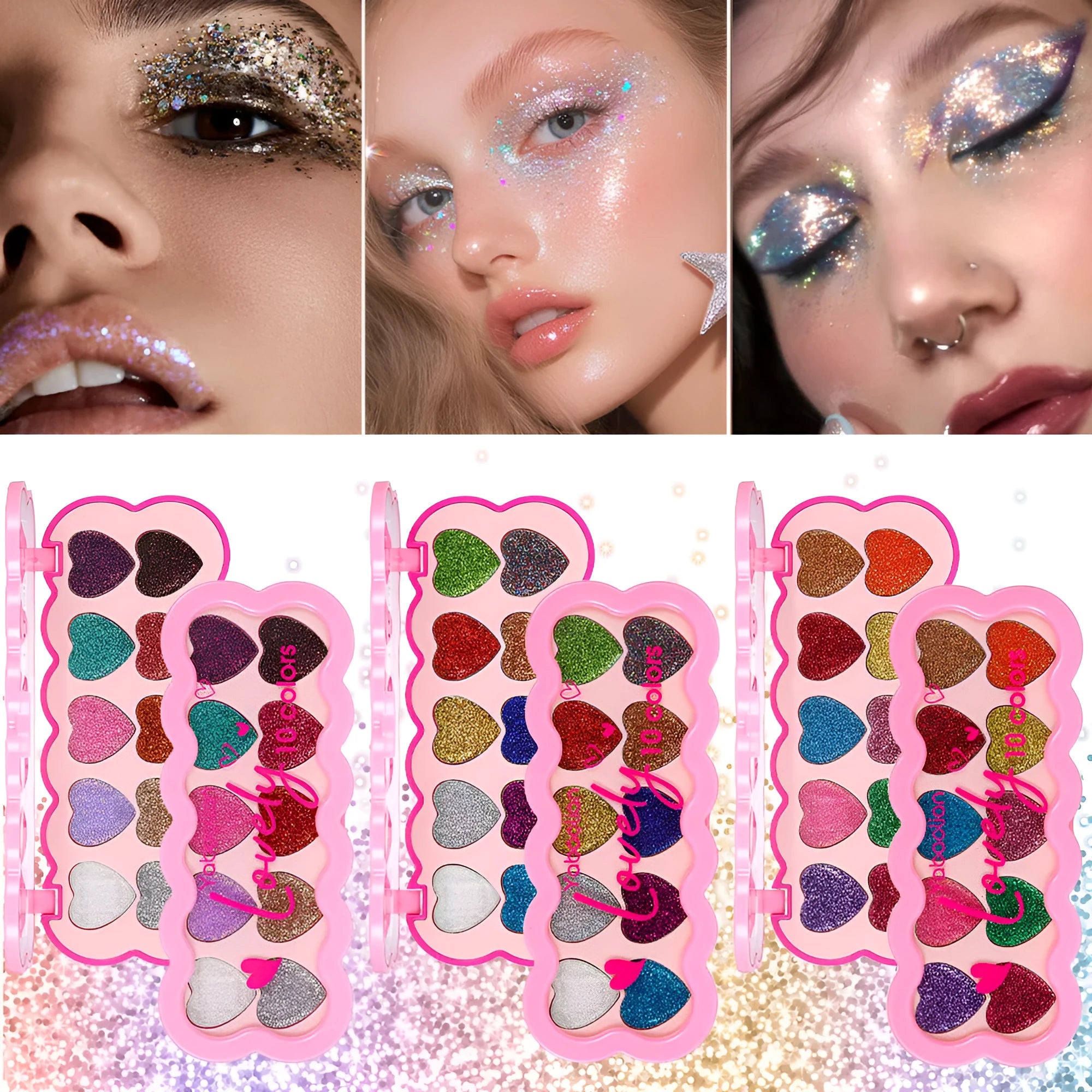 Pearlescent Heart ten-color sequin eyeshadow palette showing shades for punk and festival makeup