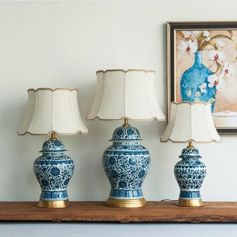 Chinese blue and white porcelain table lamp with ceramic base on bedside table