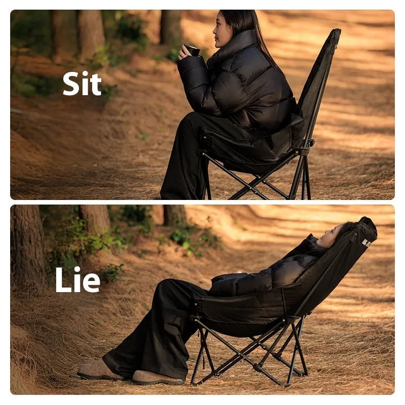 Night black Oxford cloth folding moon chair with thickened padding shown in folded and open positions