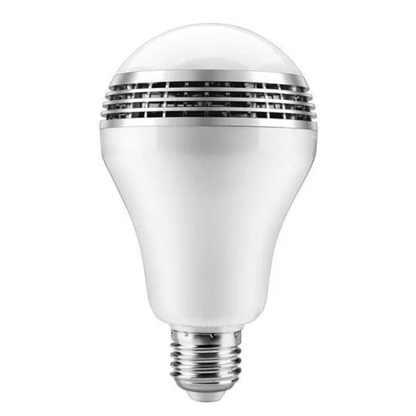 Smart LED E27 bulb with integrated Bluetooth speaker showing RGB lighting effects
